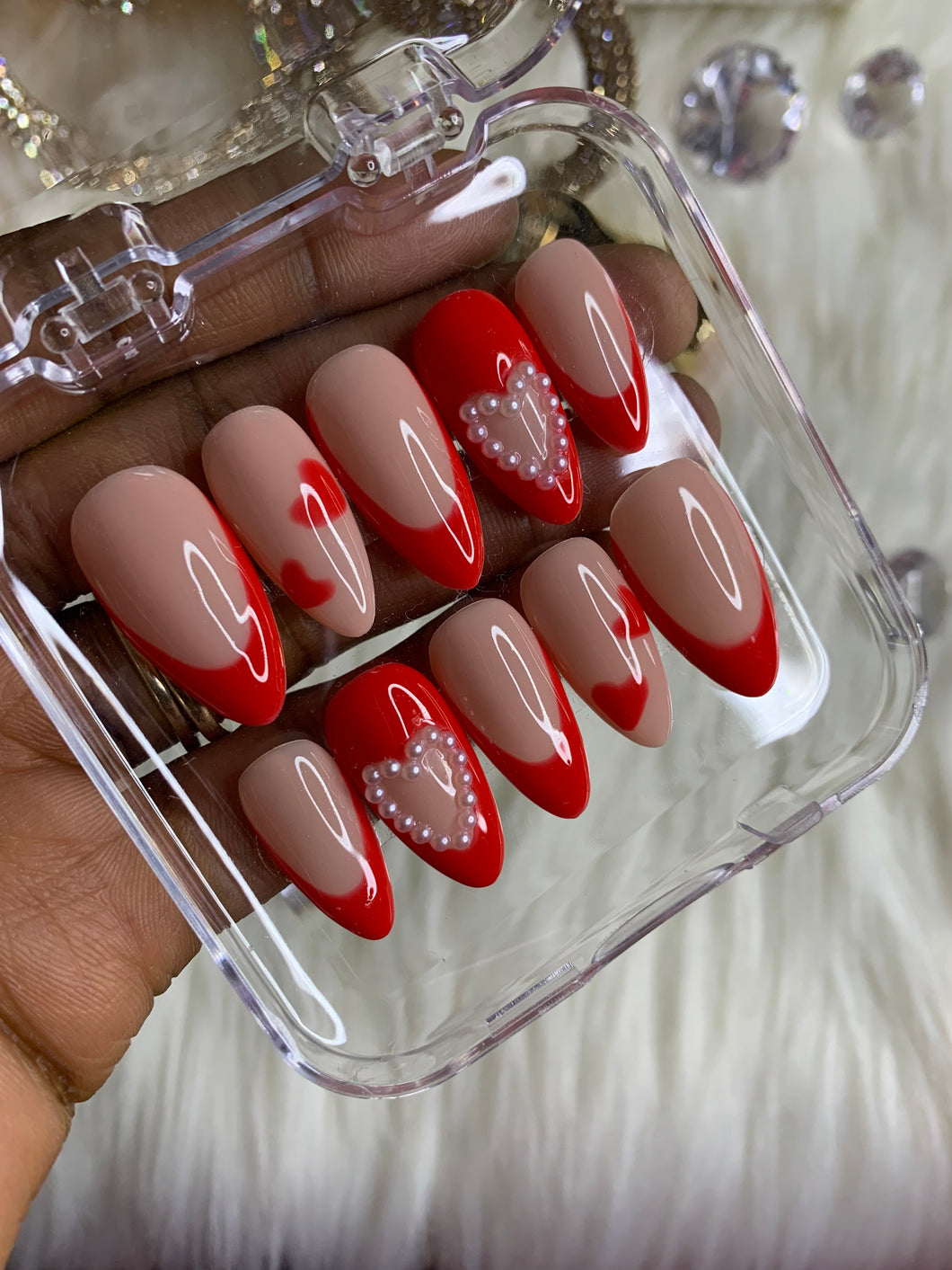 Red French tips with Pearls